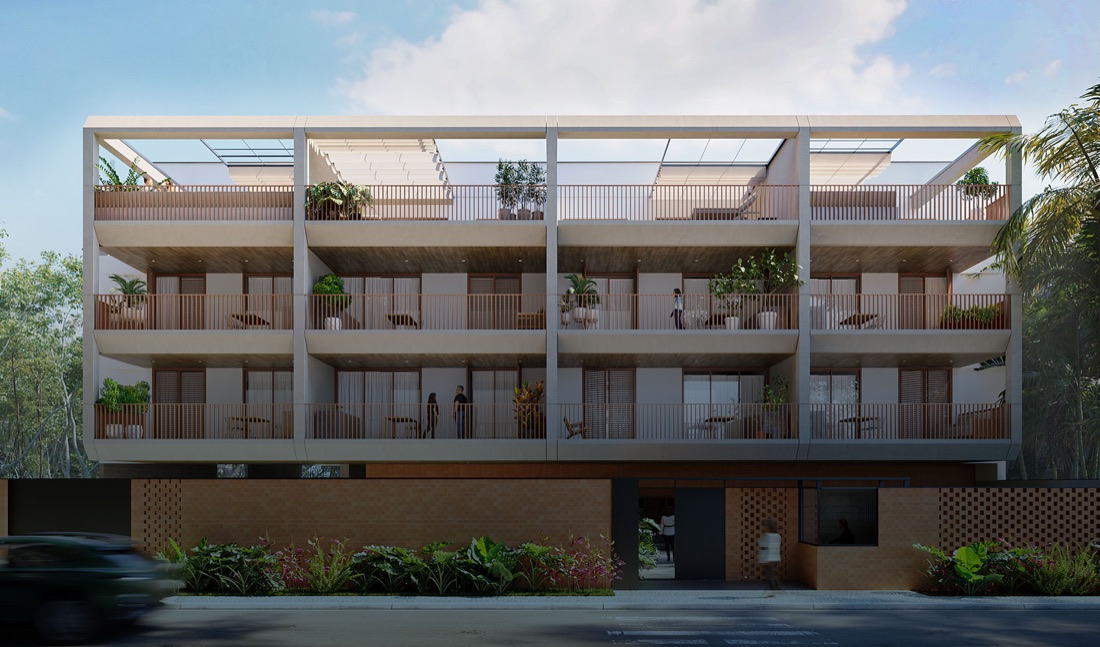 Fachada do Haus, com estrutura de concreto aparente e varandas de madeira